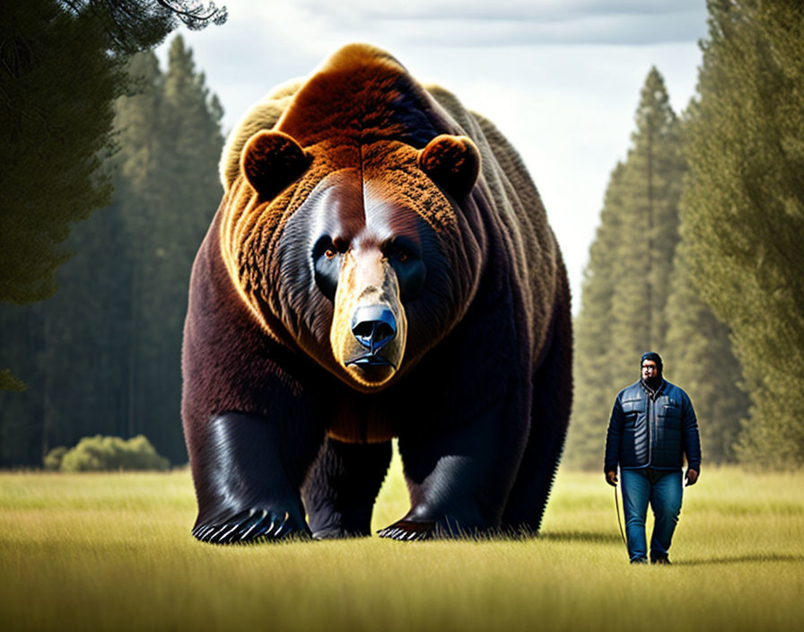 Enormous bear towers over tiny human in grassy field