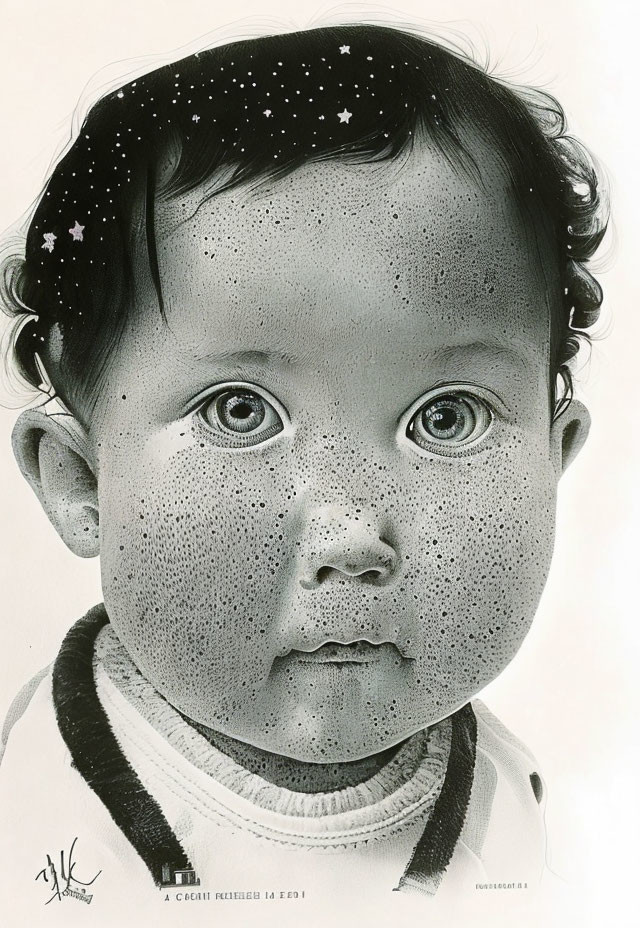 Hyperrealistic Black and White Baby Drawing with Expressive Eyes