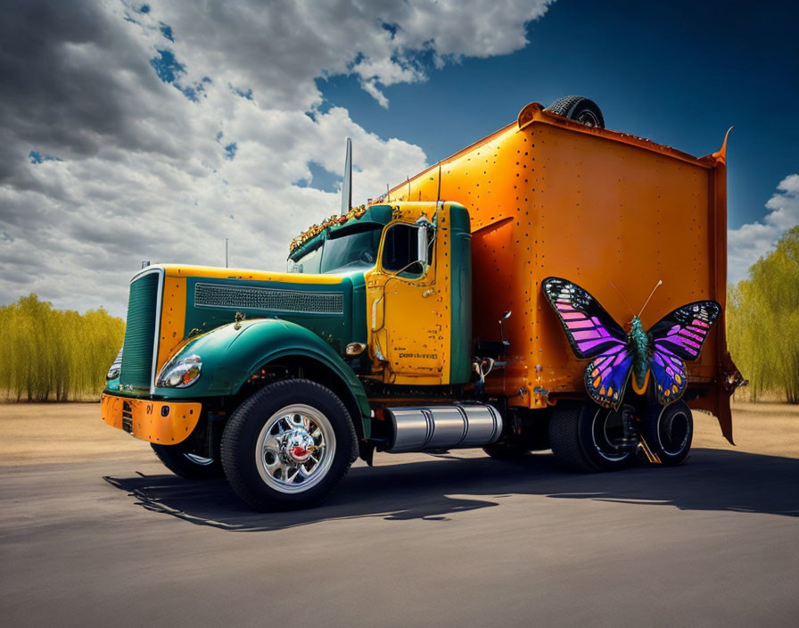 Green and Orange Classic Semi Truck with Butterfly Graphic Under Cloudy Sky