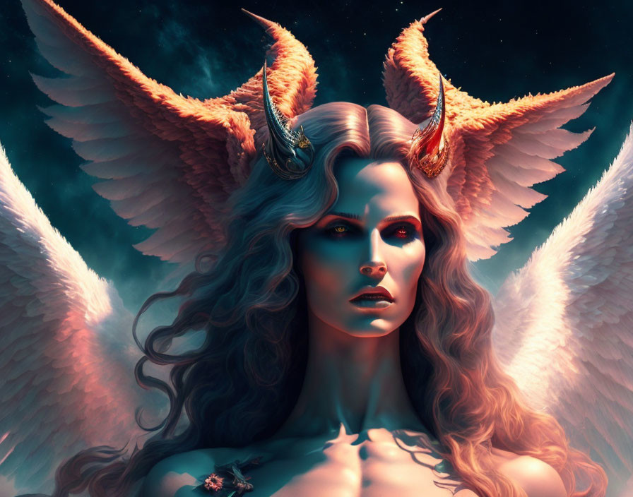 Fantastical woman with glowing eyes, horns, and wings in starry night sky