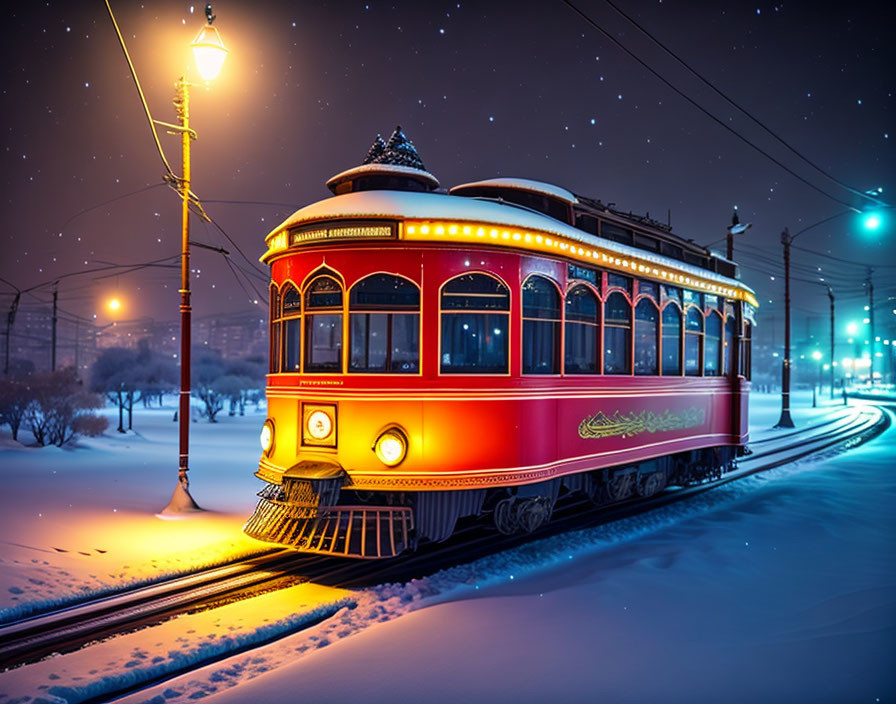 Vintage Red Tram Night Scene in Snowy Setting