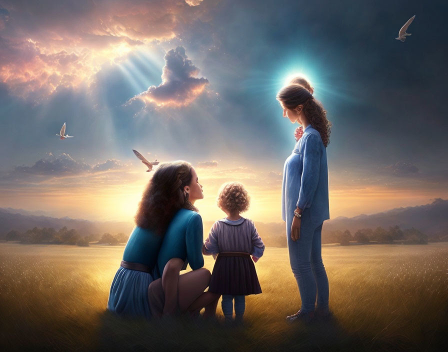 Tranquil scene: Two women and child in meadow under majestic sky with sunbeams and