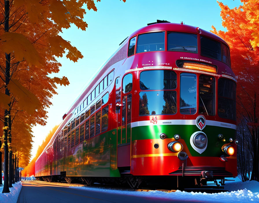 Red train travels through autumn landscape with golden trees and blue sky