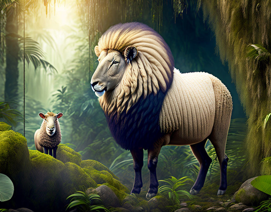 Fantasy sheep with lion's mane in lush jungle with another sheep