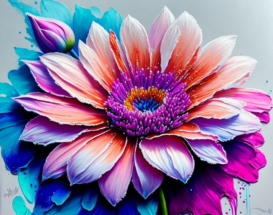 Colorful Flower Painting with Pink and Blue Petals on Textured Background