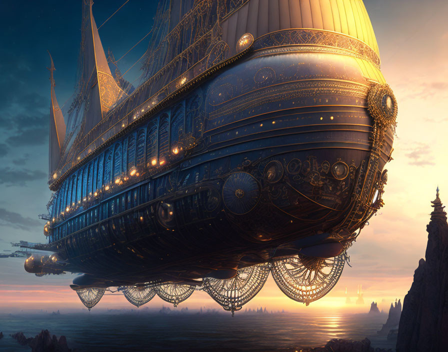 Ornate, fantastical airship in dusk-lit sky above rocky landscape