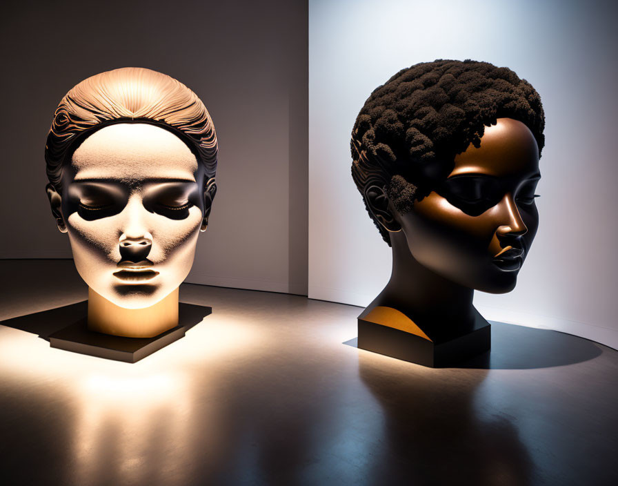 Stylized bust sculptures with dramatic lighting and contrasting designs