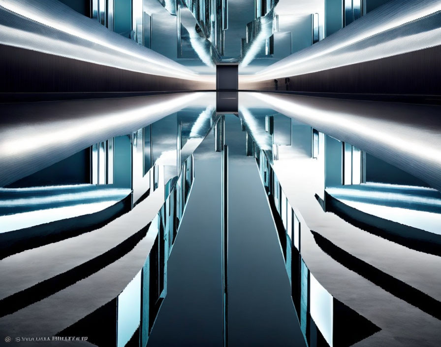 Modern hallway with futuristic mirror effect and blue lighting