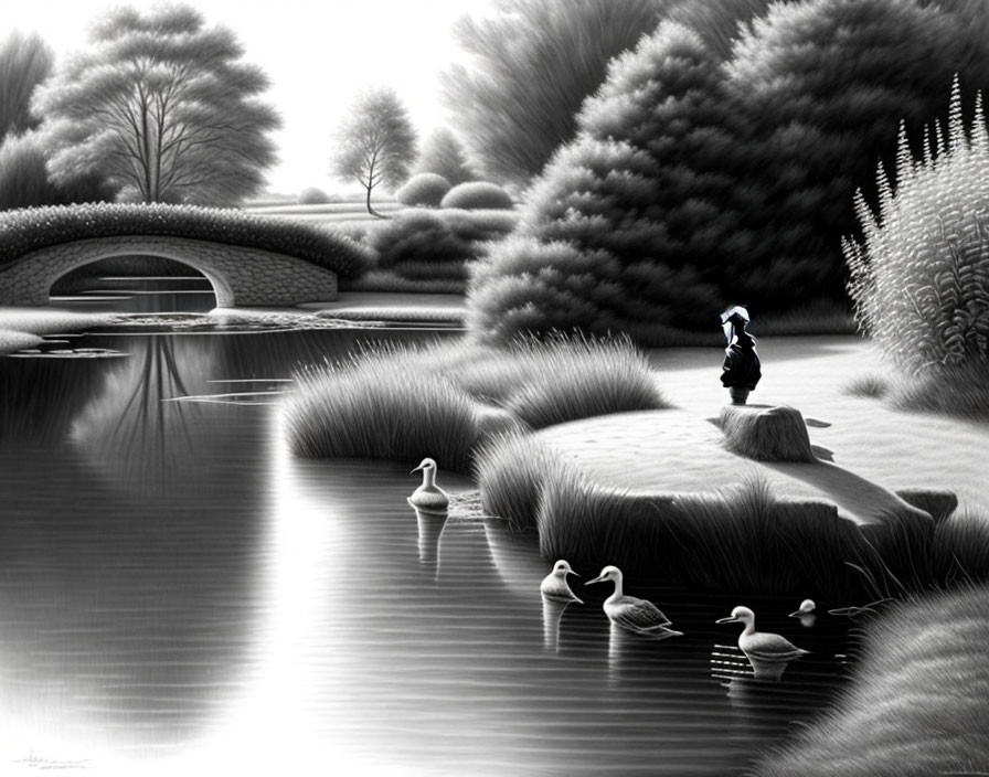 Monochrome artwork of person by serene pond with ducks and lush trees