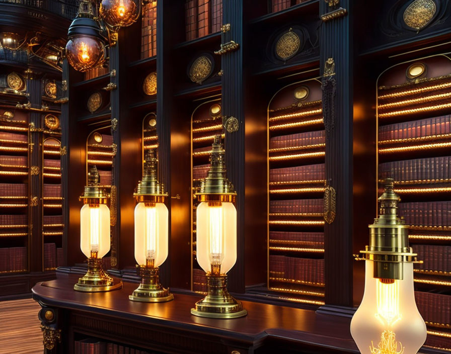 Vintage lightbulbs illuminate elegant interior bookshelves, creating warm, nostalgic library ambiance.