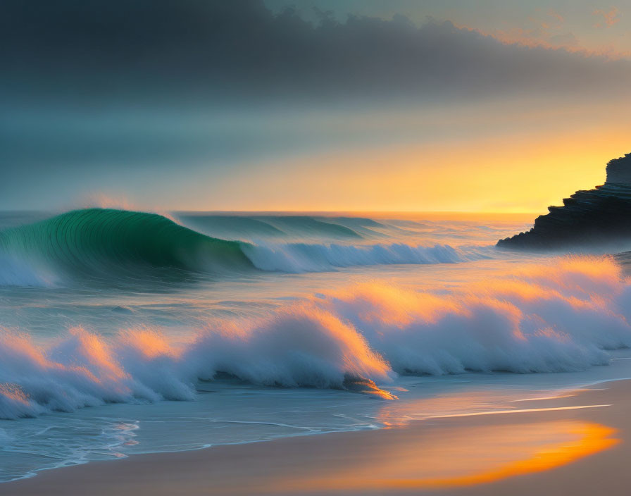 Vibrant orange sunset on beach with dark cloudy sky