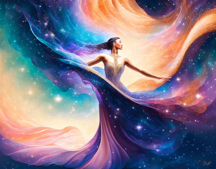 Digital art: Woman with flowing hair merging with cosmic nebula