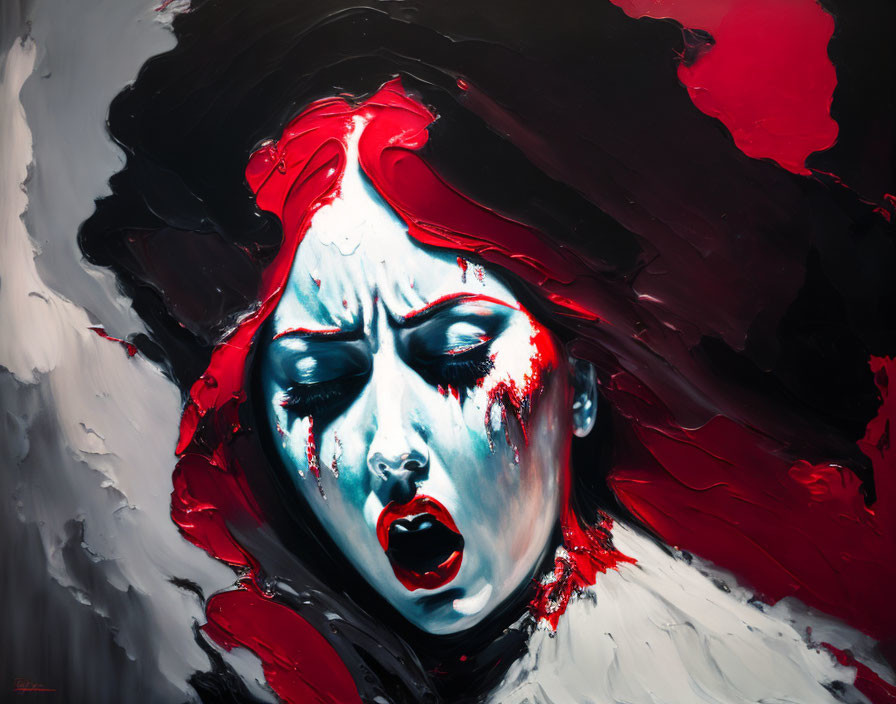 Vivid painting of a person in agony with red, black, and white colors