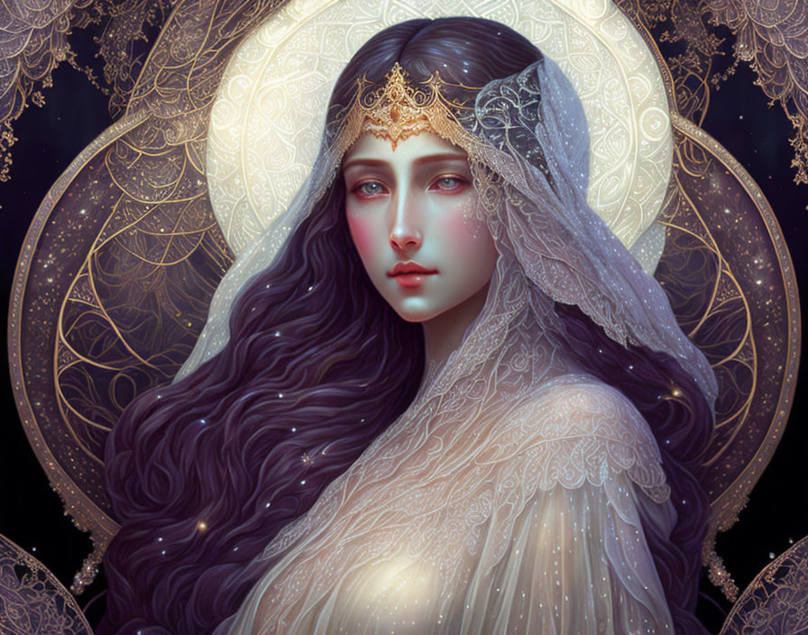 Ethereal woman with dark hair in golden headdress on celestial backdrop