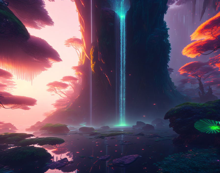 Vibrant alien landscape with pink foliage, glowing waterfall, and dreamy sky