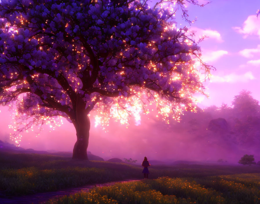 Person under large blooming tree with pinkish-white flowers in magical twilight scene