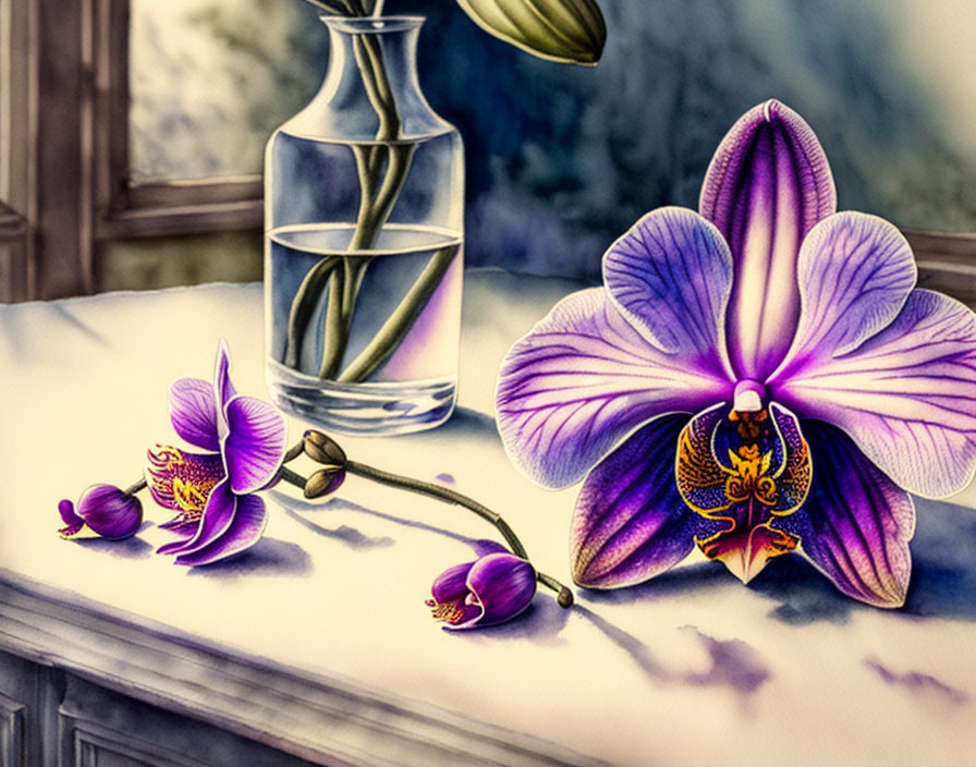 Purple orchid with fallen petals in glass vase on marble surface