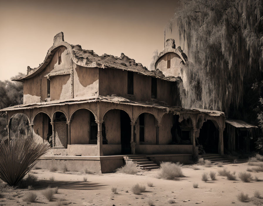 Deteriorating desert house with arches, staircase, and sparse vegetation