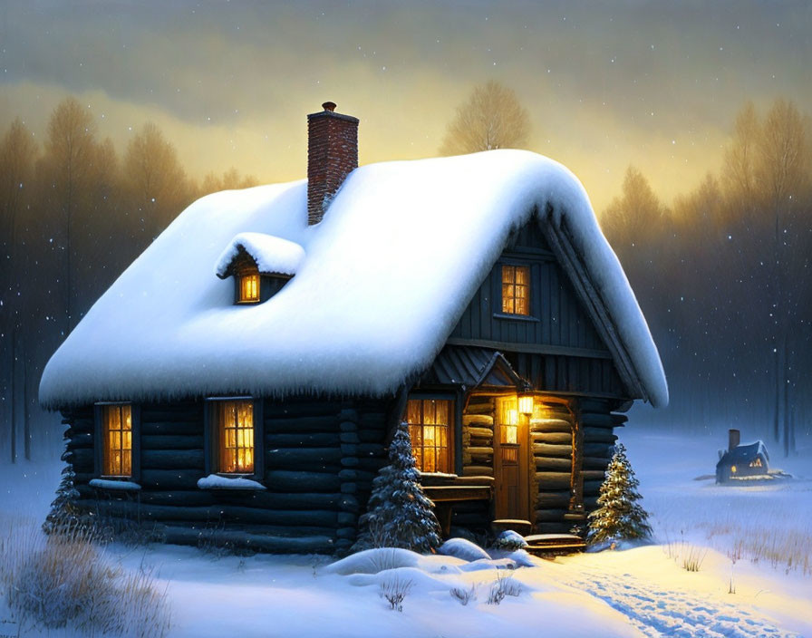 Snow-covered log cabin with lit windows and chimney in tranquil snowy landscape