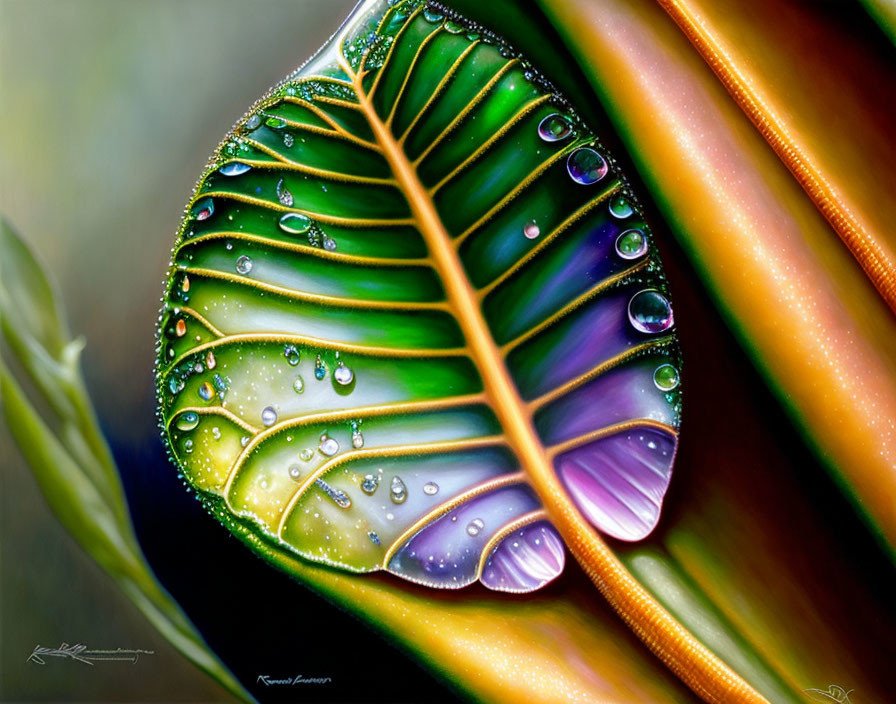 Detailed close-up of vibrant green leaf with water droplets on blurred background