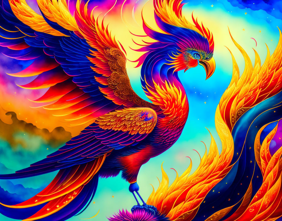 Colorful Mythical Phoenix Artwork with Fiery Wings