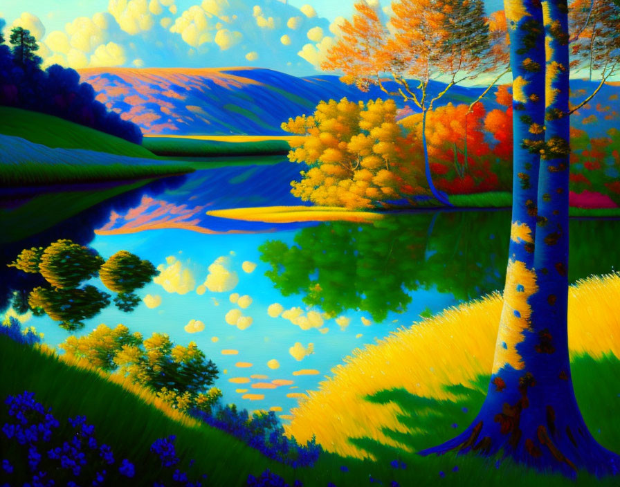 Colorful Stylized Landscape: Serene River & Rolling Hills