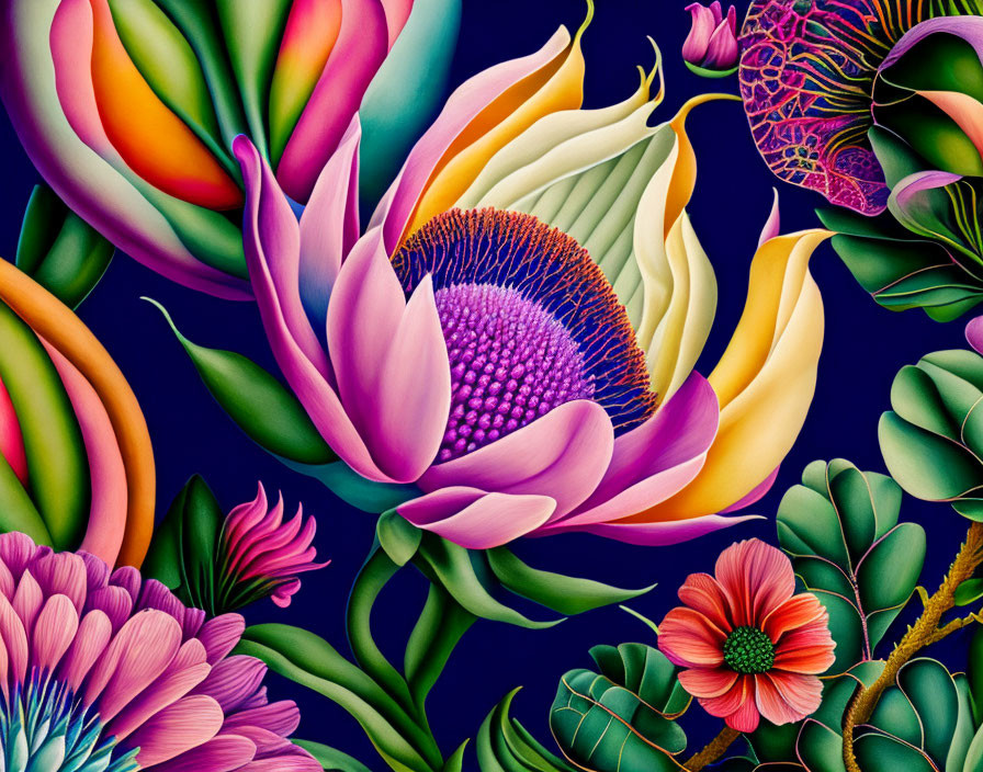 Colorful Stylized Flowers on Deep Blue Background