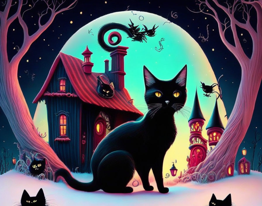 Stylized illustration of large black cat, haunted houses, full moon