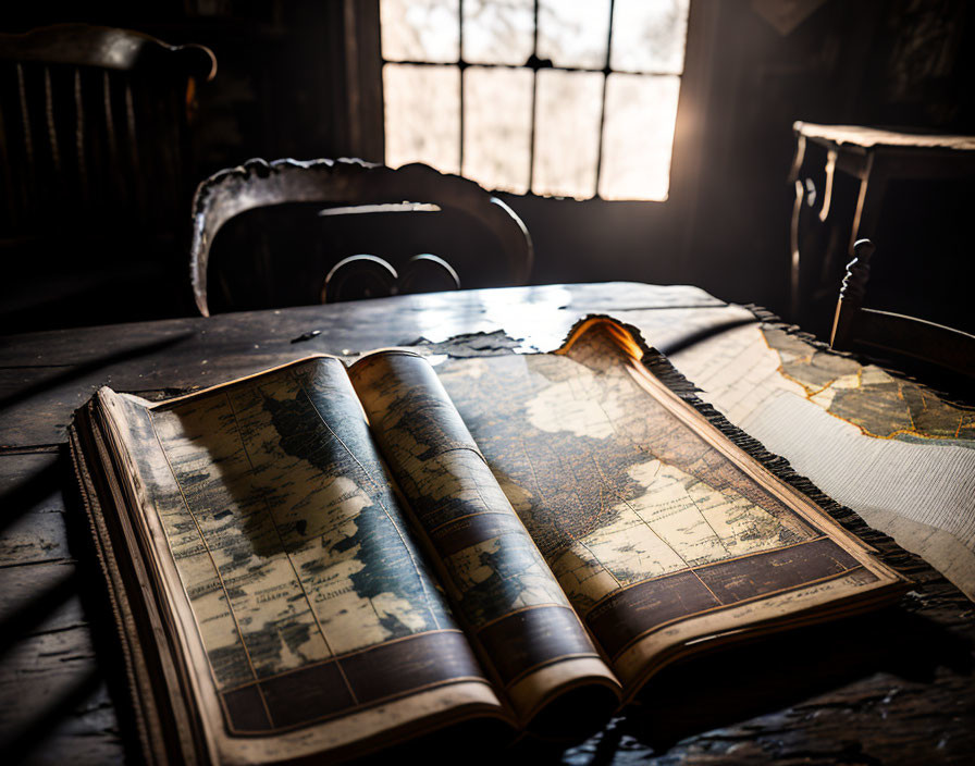 Antique Atlas on Dusty Wooden Table in Dimly Lit Room