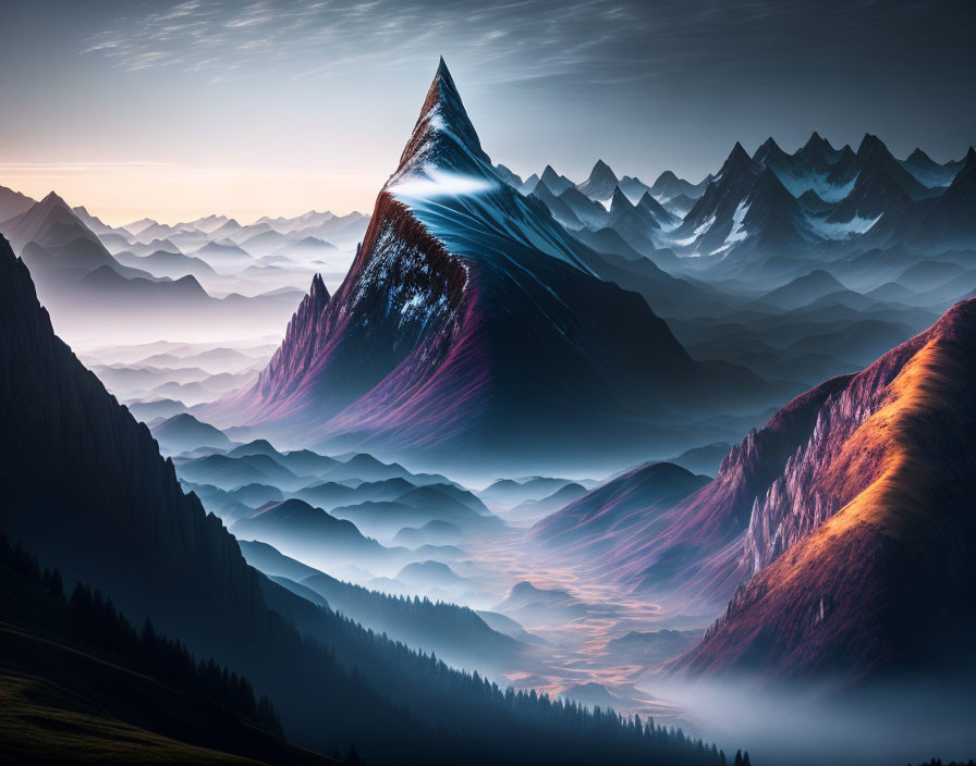 Snow-capped mountain peaks towering above mist-covered hills under a vibrant sky