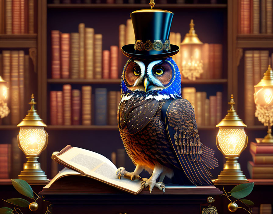 Anthropomorphized owl in top hat reading book in elegant, dim library