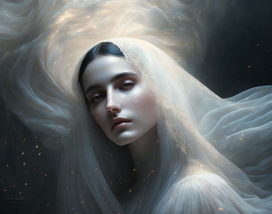 Dark-haired woman with ethereal glow and swirling veil in cosmic setting