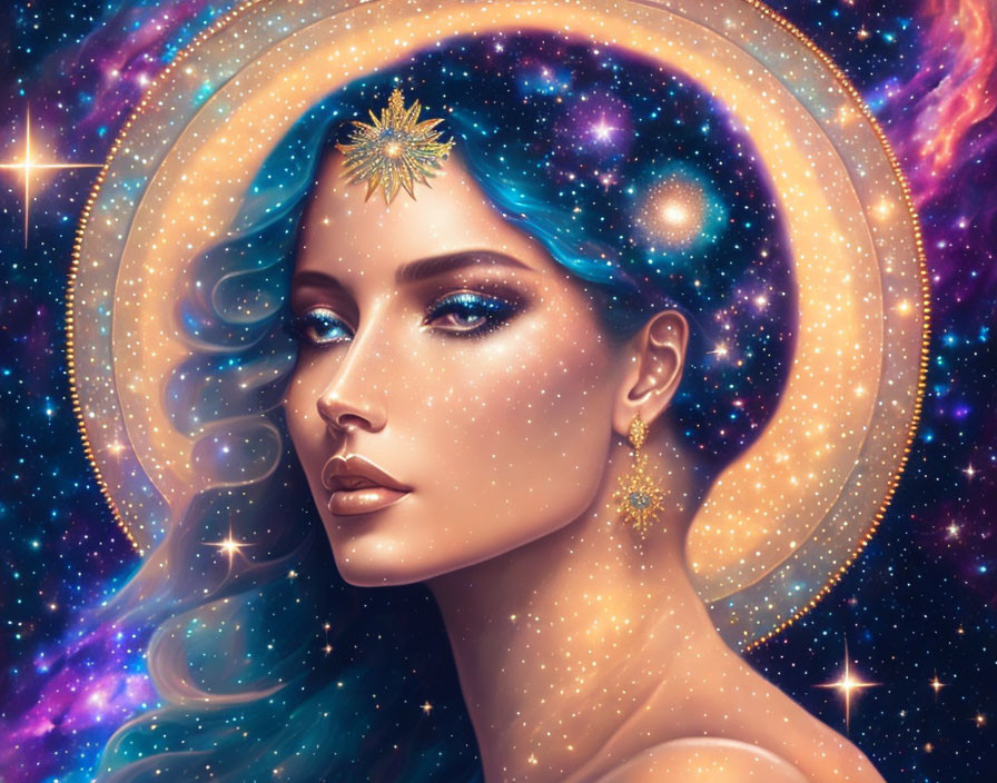 Blue-haired woman with cosmic-themed skin in galaxy backdrop