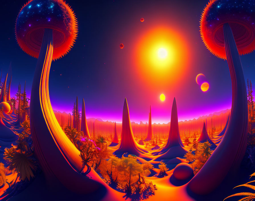 Alien landscape with mushroom-like structures at sunset