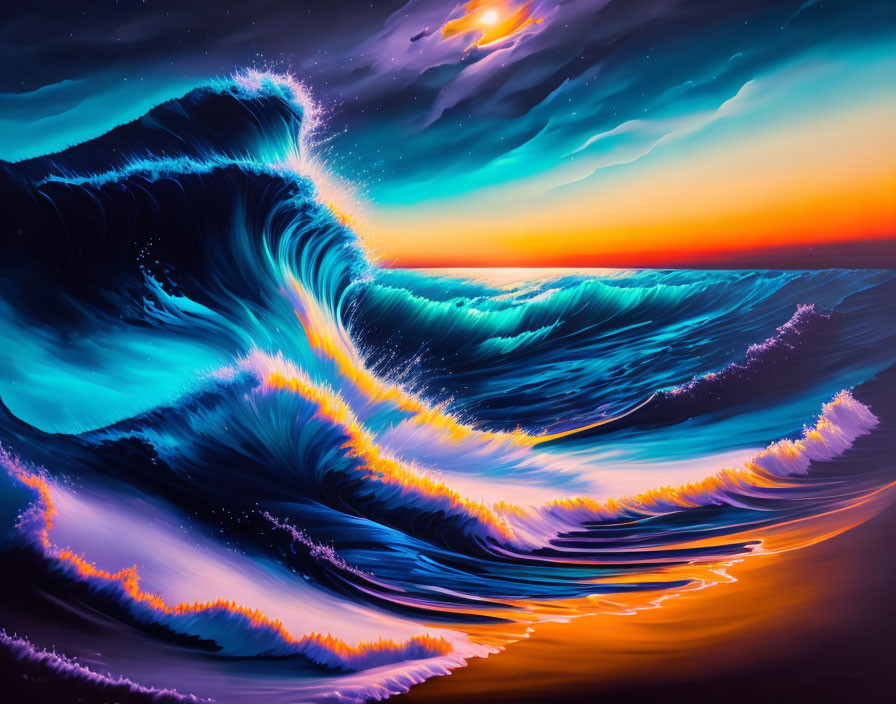 Colorful Twilight Sky Over Large Blue Wave Artwork