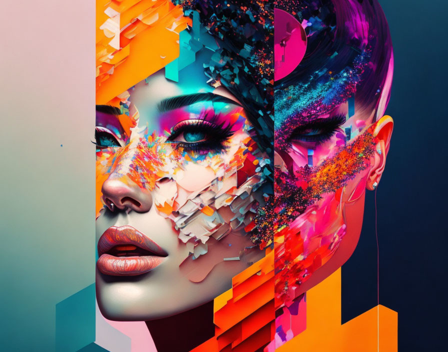 Colorful digital artwork: Woman's face in fractured geometric pattern