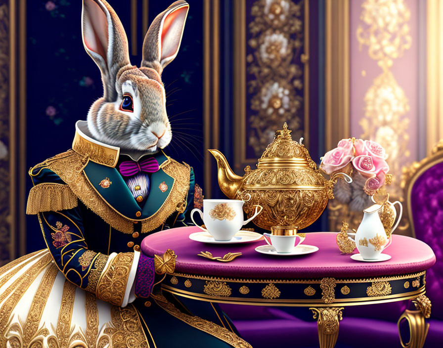 Regal rabbit in elegant tea setting with purple and gold theme