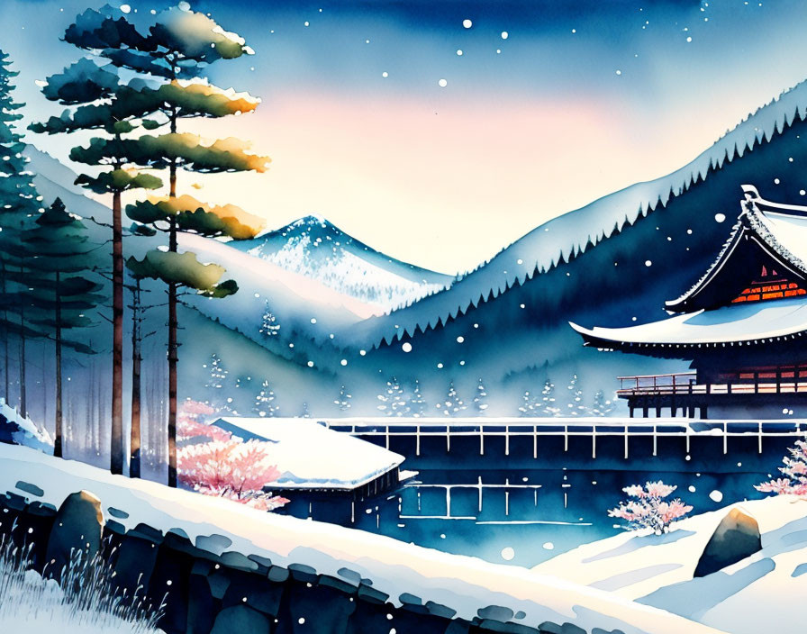 Snowy landscape watercolor illustration with mountains, pagoda, trees, bridge, and falling snowfl