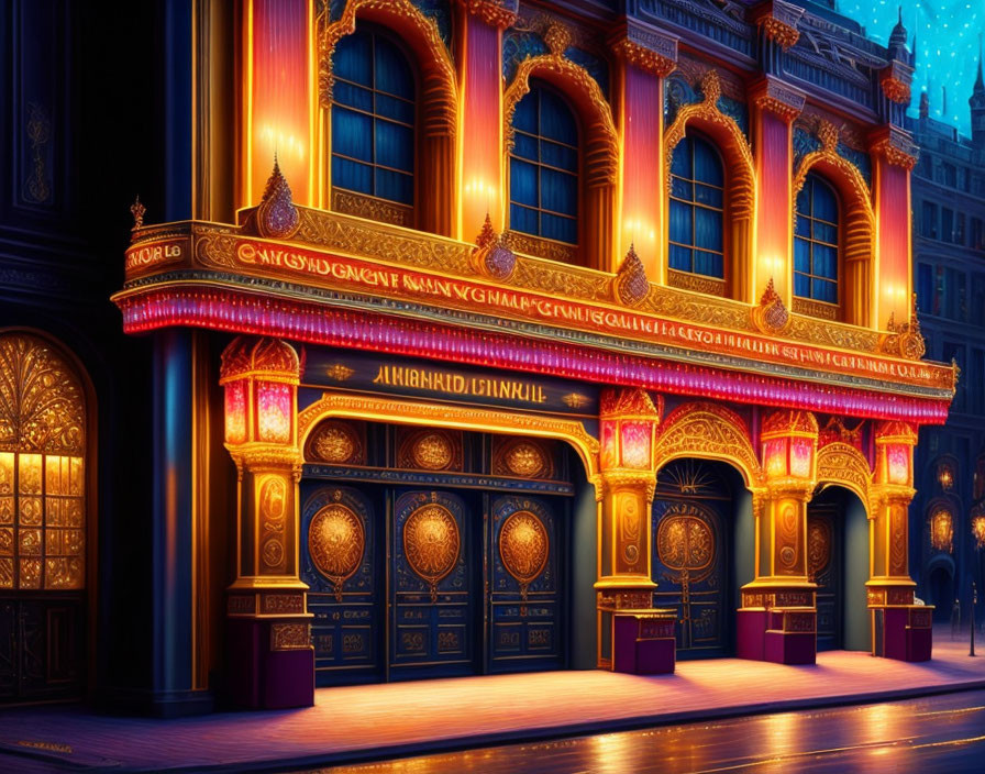 Opulent illuminated theater facade with golden embellishments