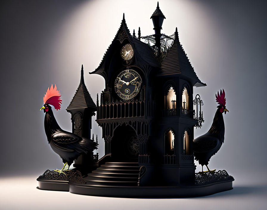 Gothic-style cuckoo clock house with ornate details and stylized roosters.