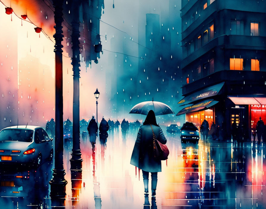 Pedestrian with umbrella on rain-soaked street at night with vibrant reflections