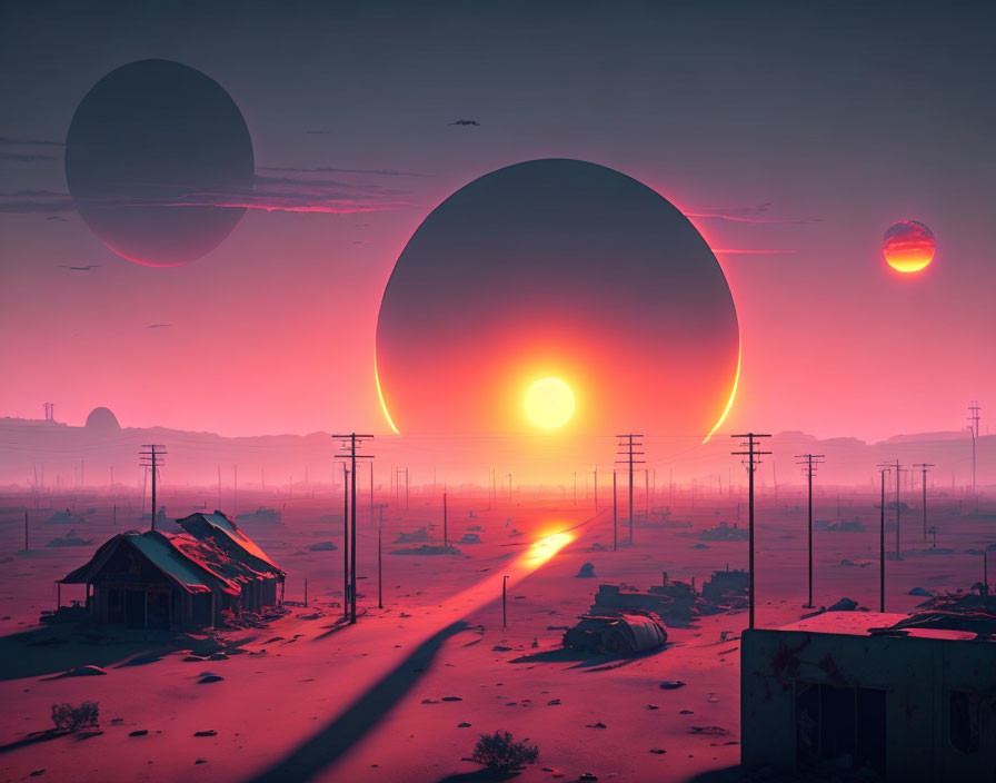 Futuristic desert landscape with celestial bodies, abandoned structures, and power lines at sunset