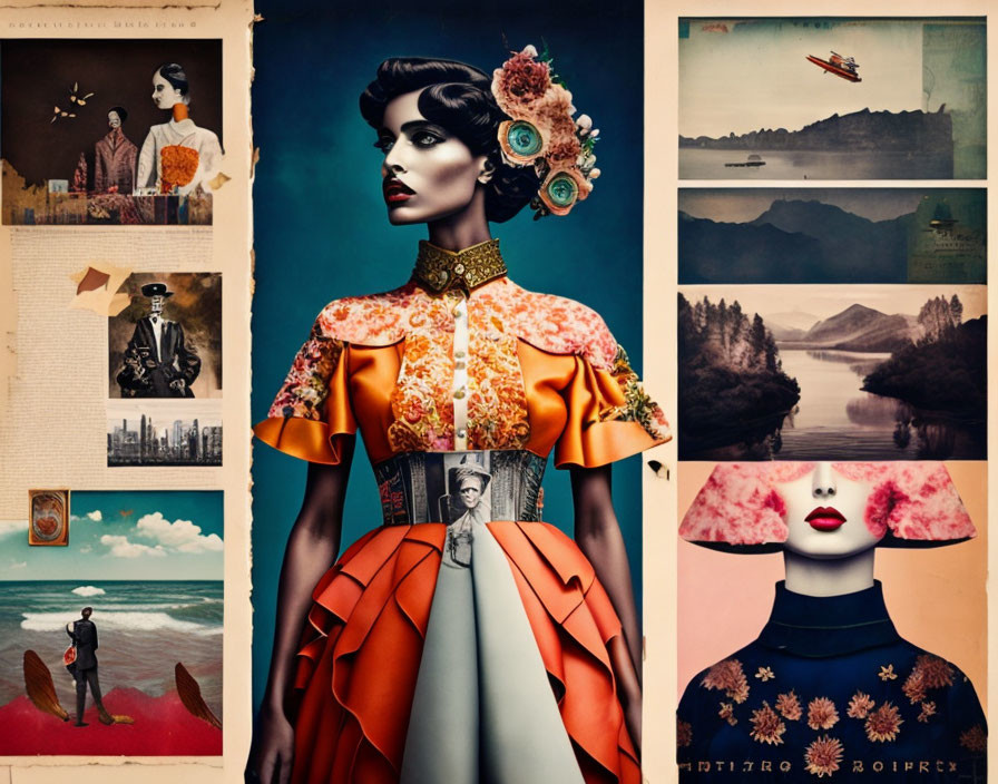 Collage of model photo shoots and scenic landscapes with vintage artistic style