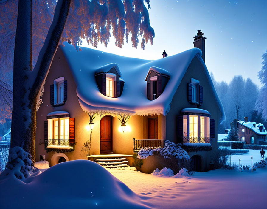 Snow-covered house with glowing windows in serene winter landscape