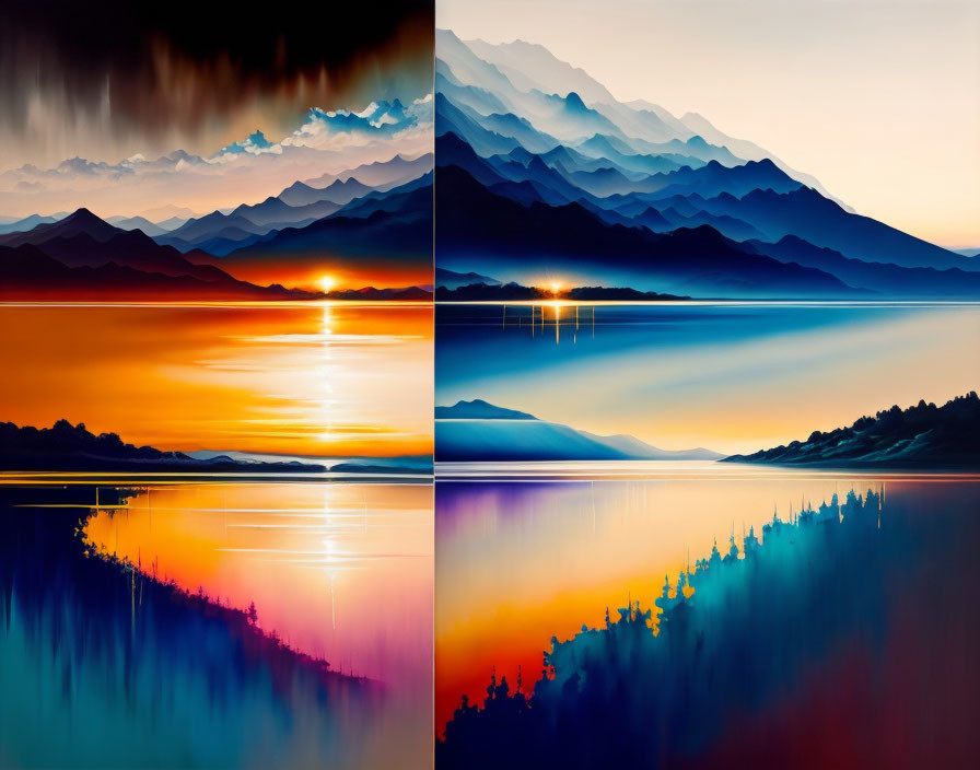 Stylized landscape panels: Mountains in vivid colors reflecting different times of day