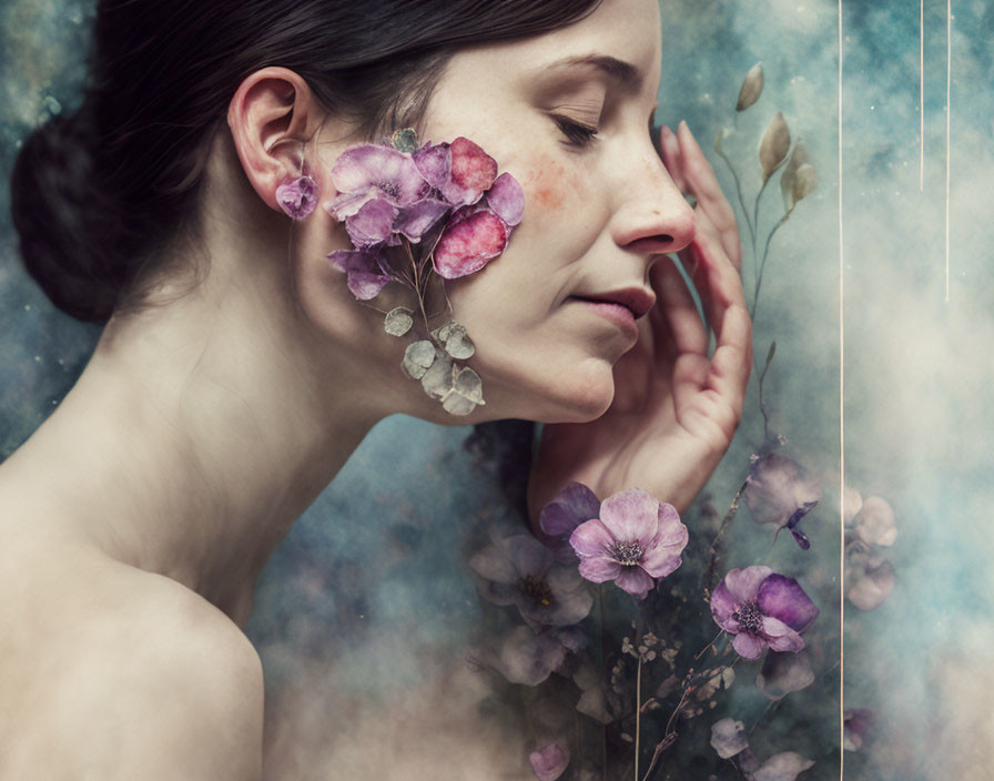 Woman with closed eyes and floral cheek in misty backdrop