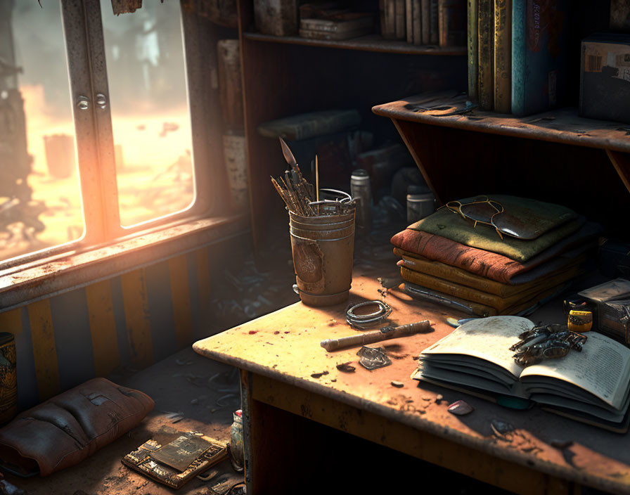 Sunlit workspace with old books, open book, glasses, and pencils by window.