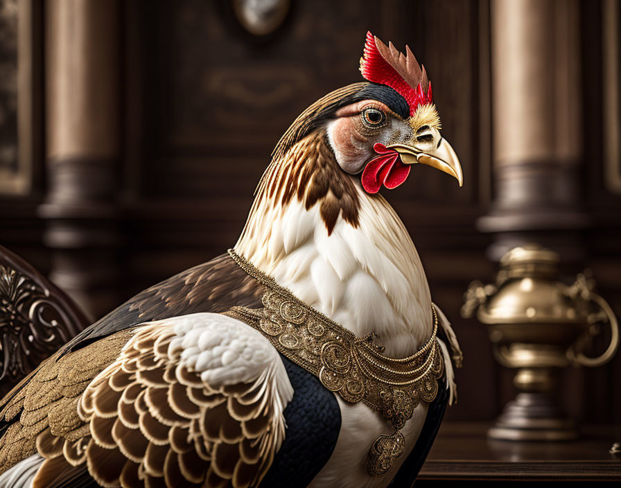 Regal Rooster with Detailed Plumage and Ornate Collar on Wooden Background