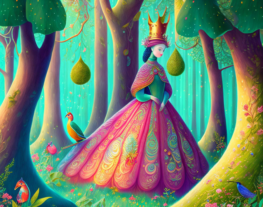 Illustrated queen in vibrant forest with colorful birds, wearing crown and holding book