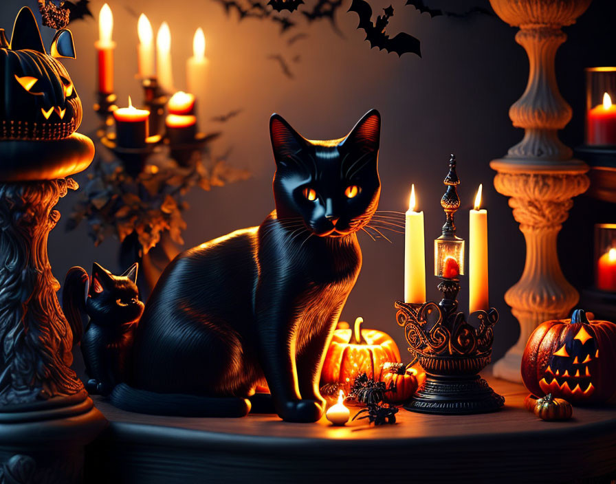 Black Cat with Glowing Eyes Beside Lit Candles and Pumpkin in Halloween Setting